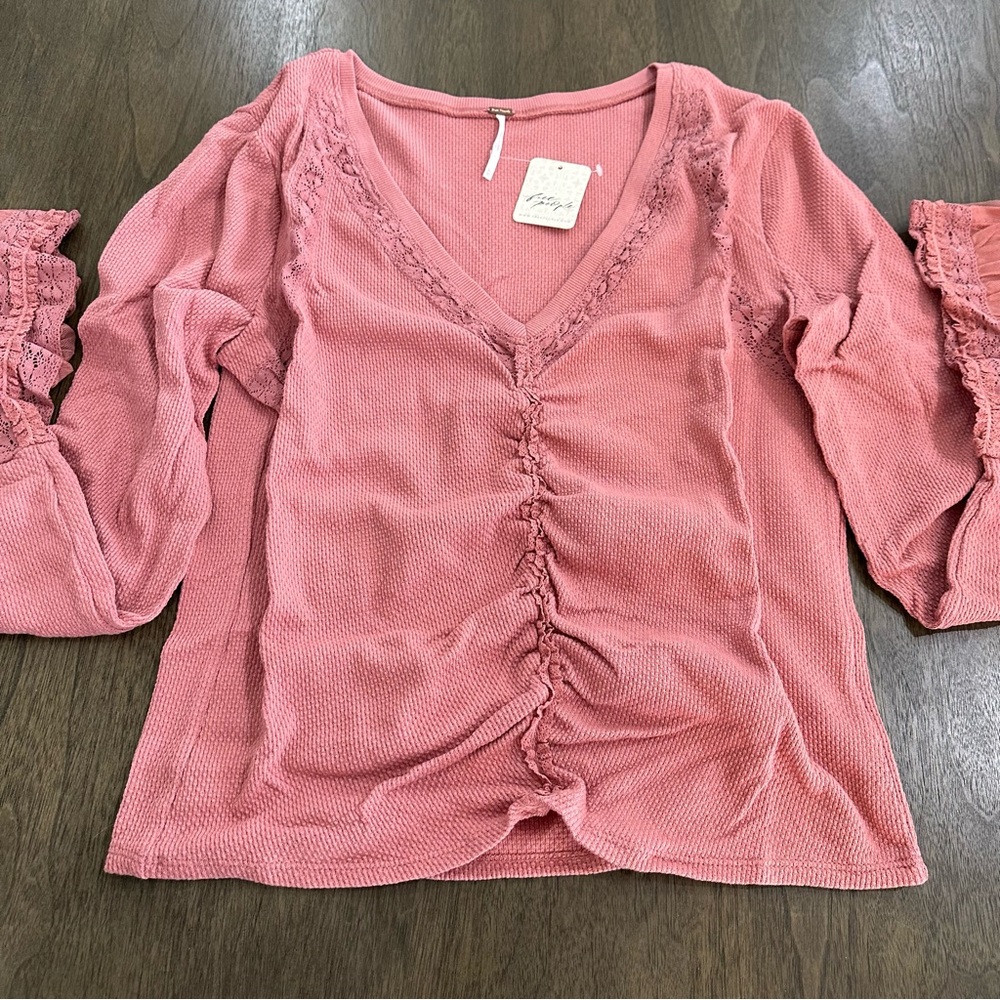 Free People Dusty Rose Ruched V-Neck Top - Picture 2 of 13